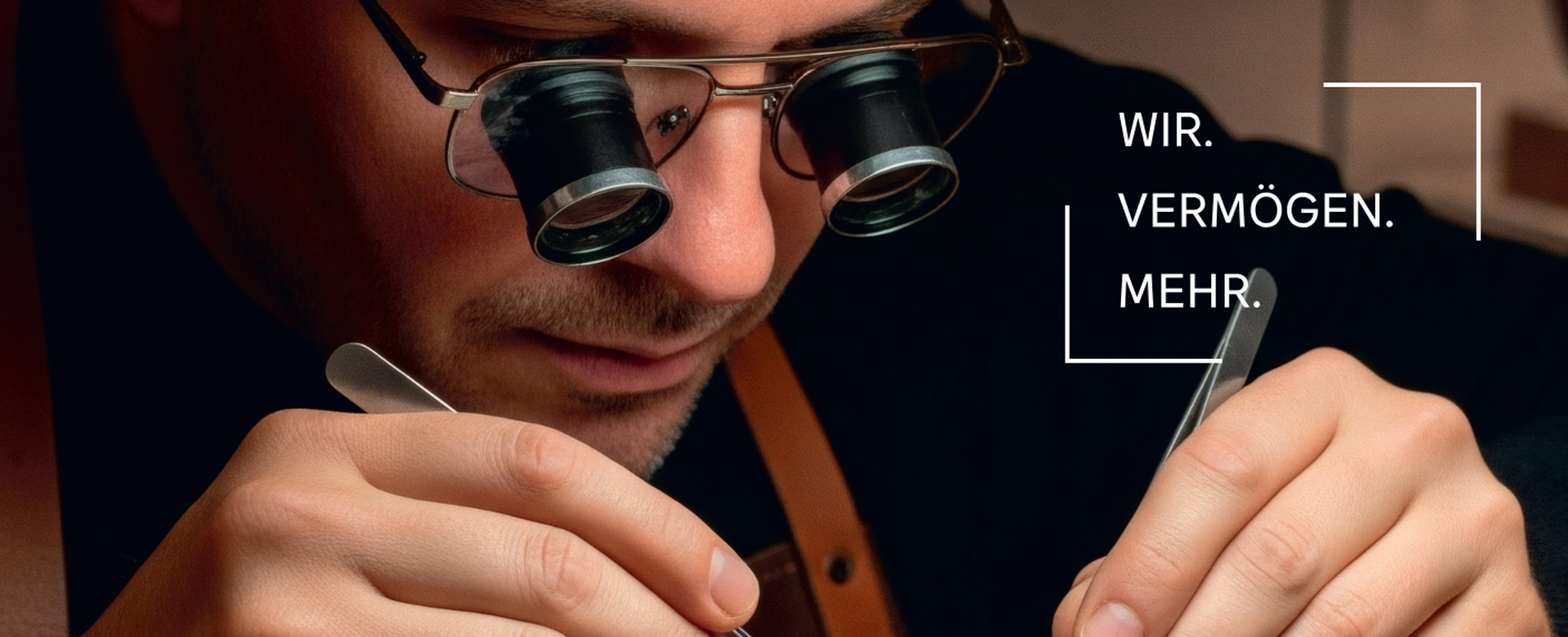 Uhrmacher mit Lupenbrille repariert eine Uhr.